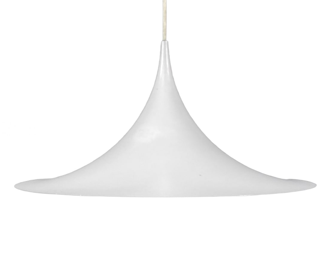 FOG & MORUP 'SEMI' PENDANT LIGHT C. 1960S: Apparently untagged. Aluminum shade in white finish. Denmark, circa 1960s. Dimensions: H 9.5" x Dia. 18". Condition: Slight discoloration underneath. Wiring untested. Small dings to edges. Wear consis