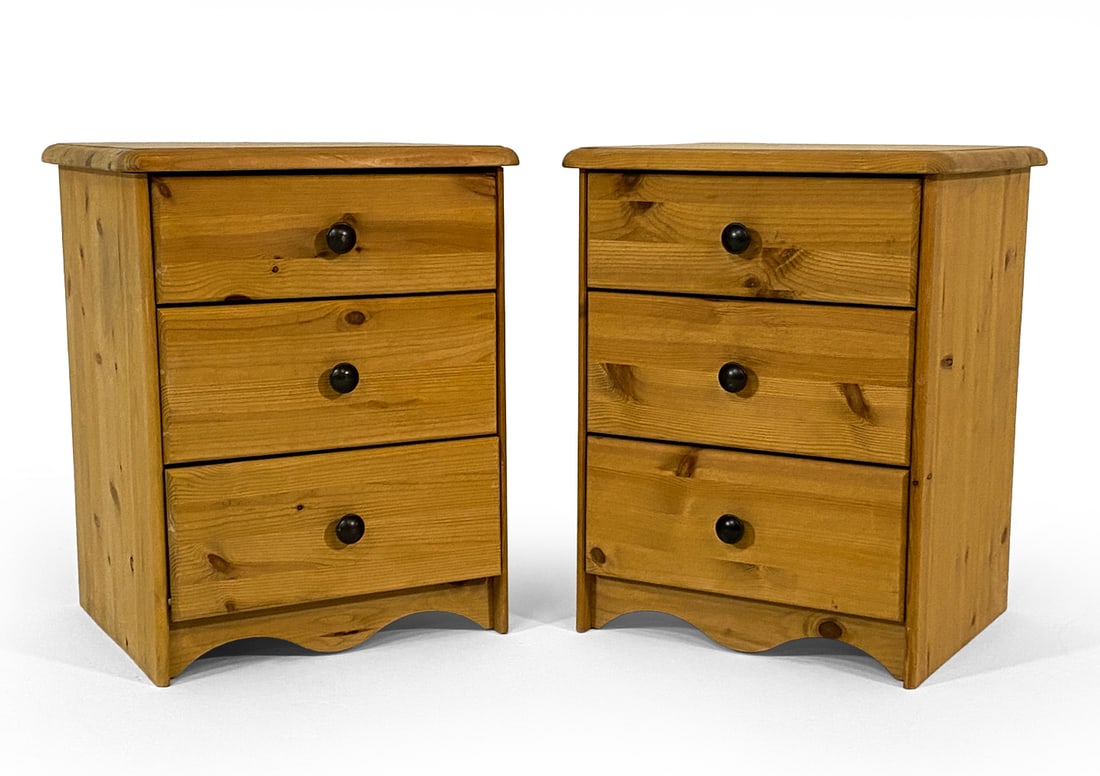 PAIR OF SWEDISH PINE NIGHTSTANDS C. 1970S: Dimensions: H 21" x W 17.5" x D 14.5". Condition: Slight fading to stop, faint scuffs and rubs. Few spots of discoloration. Wear consistent age and use. V175