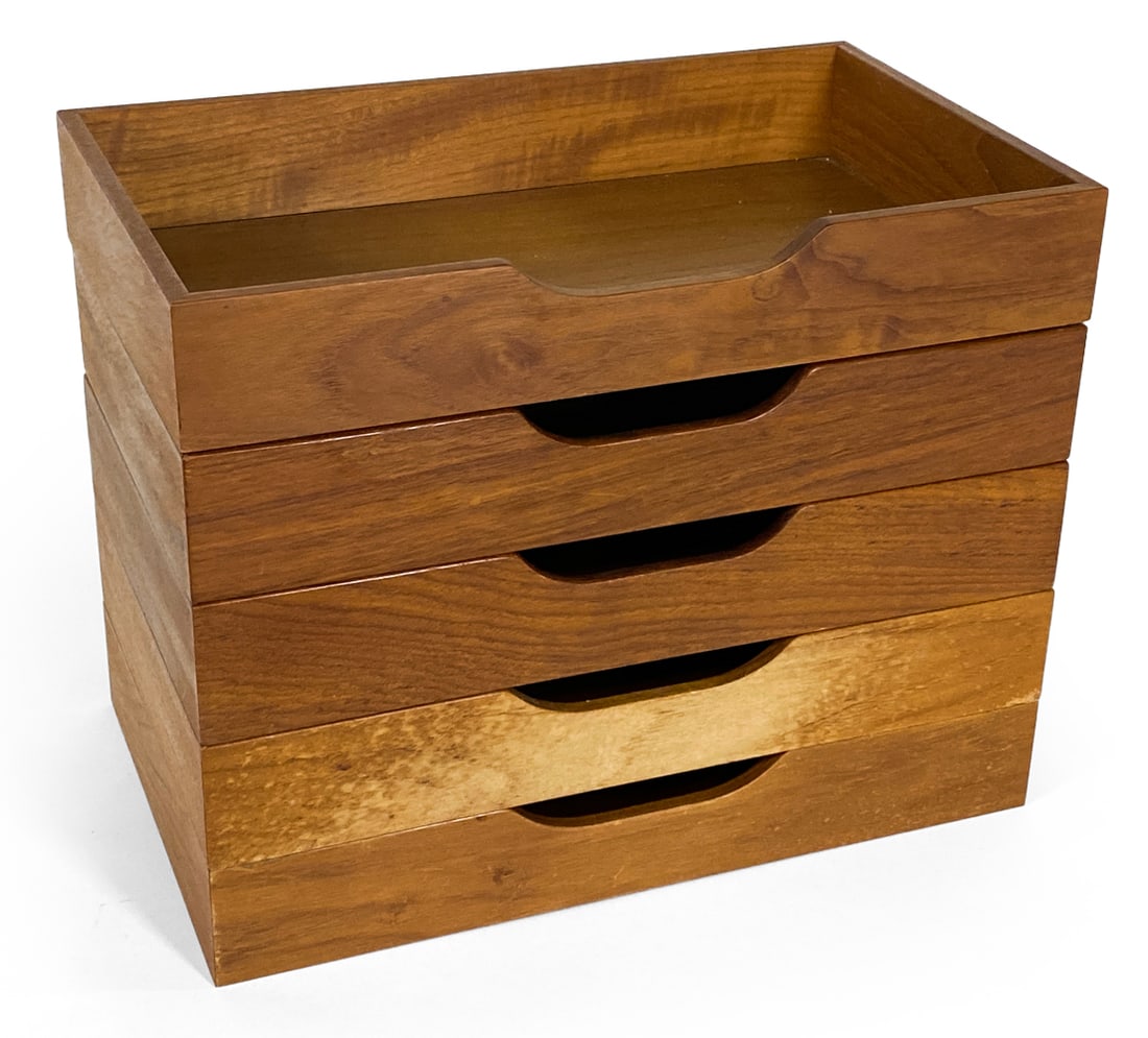 DANISH TEAK DESK TRAY GROUPING C. 1960S: Grouping (5) teak desk trays or drawers. Denmark, circa 1960s. Dimensions: H 3" x W 17.25" x D 10.5". Condition: Scuffs and rubs, one tray more heavily worn with dings to corner. Wear consistent with
