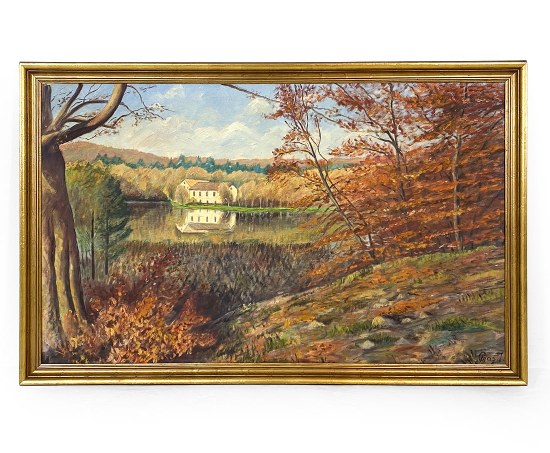 SCANDINAVIAN LANDSCAPE O/C: Signed to lower right corner. Woodsy lake scene with house in background. Oil on canvas. Dimensions: Frame H 30" x W 46.5". Canvas H 26" x W 43". Condition: Faint scuffs to frame. Wear consistent with