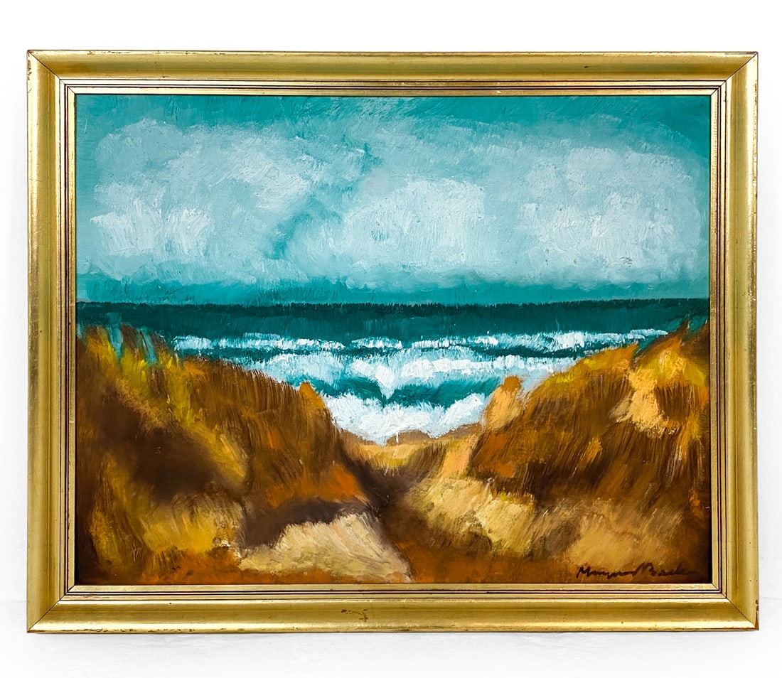 SCANDINAVIAN SHORELINE LANDSCAPE O/B: Signed to lower right corner. Shoreline landscape scene with the ocean in sight. Oil on board. Dimensions: Frame H 28" x W 35". Board H 24.5" x W 31.5". Condition: Small scuffs and dings to frame. Wea