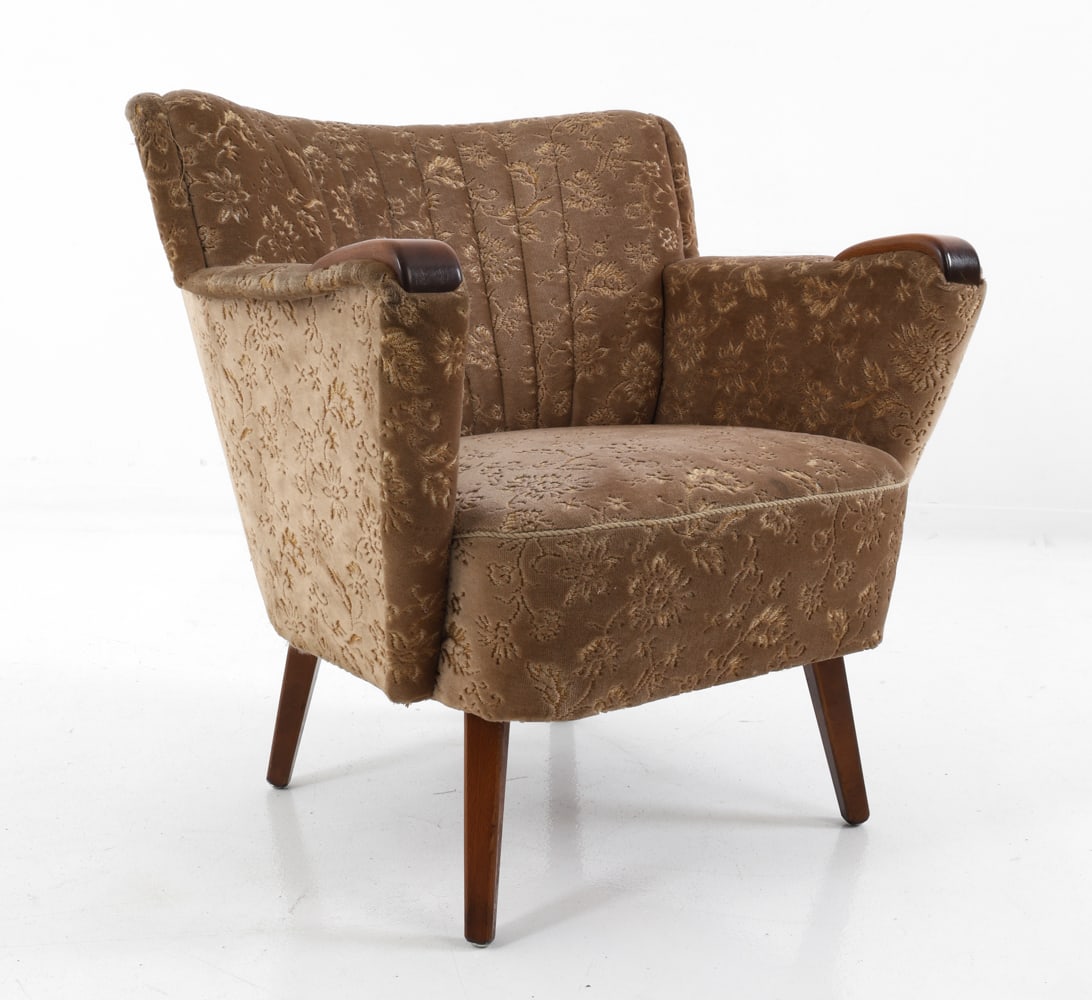GERMAN VELVET LOUNGE CHAIR 1960S: Armchair in beech frame and floral velvet upholstery. Germany, circa 1960s. Dimensions: H 29.5" x W 28.5" x D 28.5" x Sh 15.75" Condition: Wear consistent with age and use including minor rubs and din
