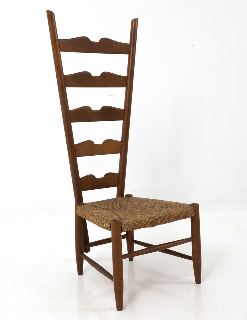 GIO PONTI FOR CASA E GIARDINO "FIRESIDE" CHAIR: "Fireside" chair by Gio Ponti for Casa E Giardino. Beech frame with rush seat. Apparently unmarked. Italy, circa 1970s. Dimensions: H 41.25" x W 15.25" x D 14.5" x Sh 12" Condition: Wear consistent wi