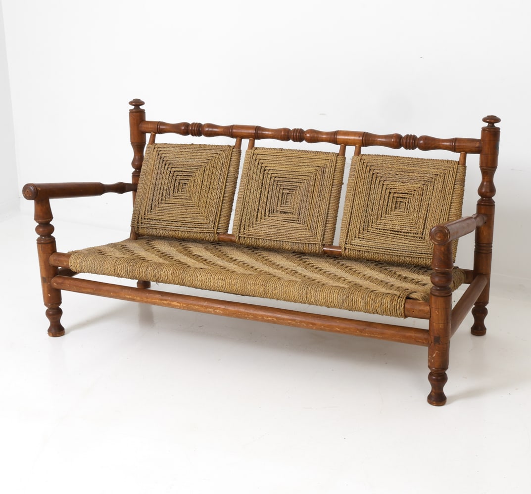 AUDOUX & MINET FRENCH BEECH & ROPE SOFA C. 1950S (1 of 16)