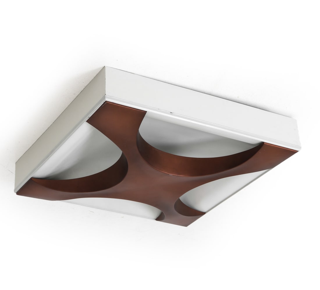 ROLF KRUGER CROSS OYSTER GERMAN CEILING LAMP: Designed by Rolf Kruger for Staff Leuchten, model "Cross Oyster". It features a square white metal base with a copper colored cross-shaped sculptural element and was awarded the iF Design Award in 196