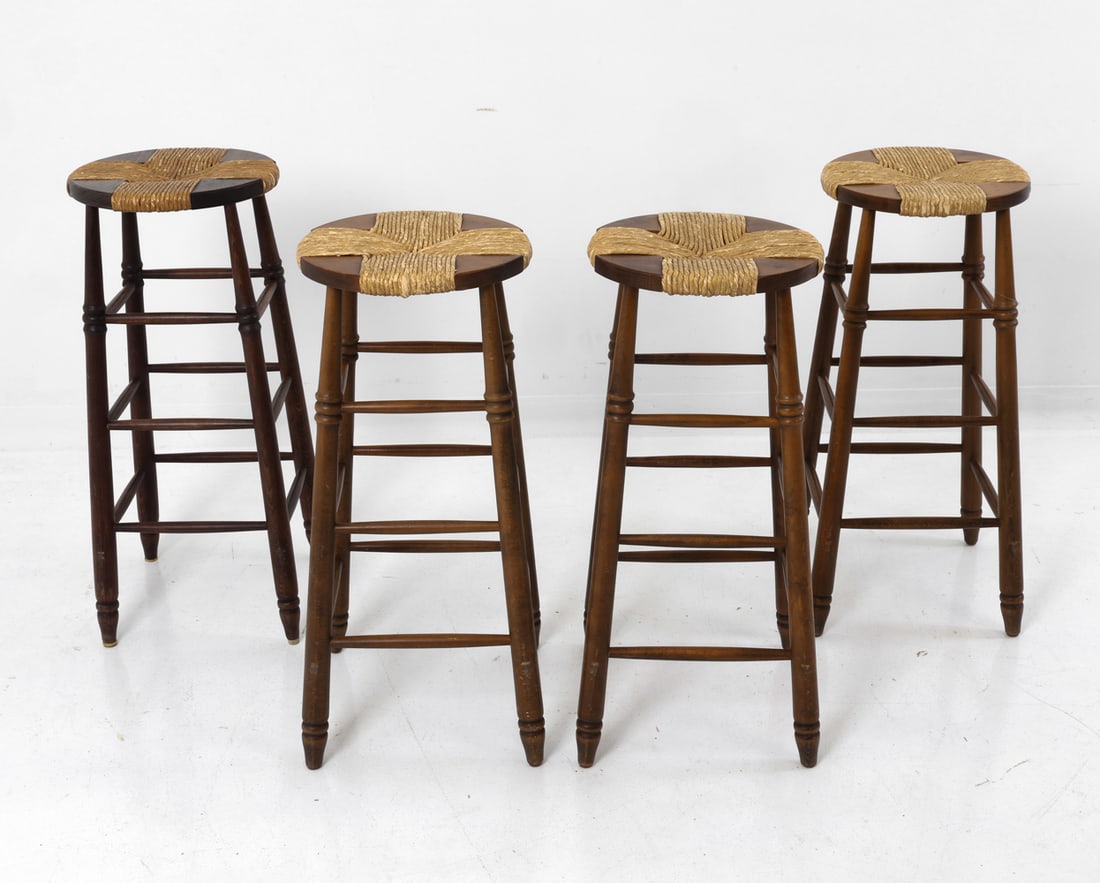 (4) FRENCH BRUTALIST BEECH & RUSH BAR STOOLS 1970S (1 of 1)