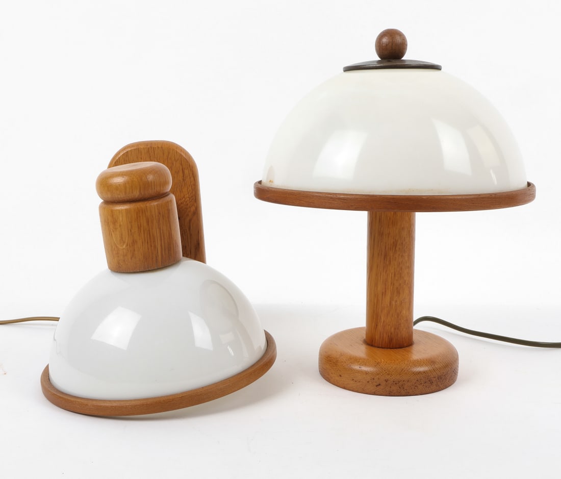 (2) SCANDINAVIAN OAK LAMP & SCONCE GROUPING: A lamp and a sconce with glass shade and oak arm. Scandinavian, circa 1970's. Dimensions: (Lamp) H 13" x Dia. 10" (Sconce) H 8.25" x W 8.5" x D 9.5" Condition: Wear consistent with age and use includi