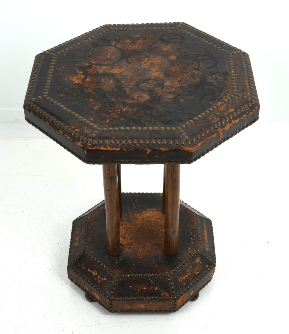 JUGENDSTIL DUTCH OAK & LEATHER SIDE TABLE 1910S (1 of 1)