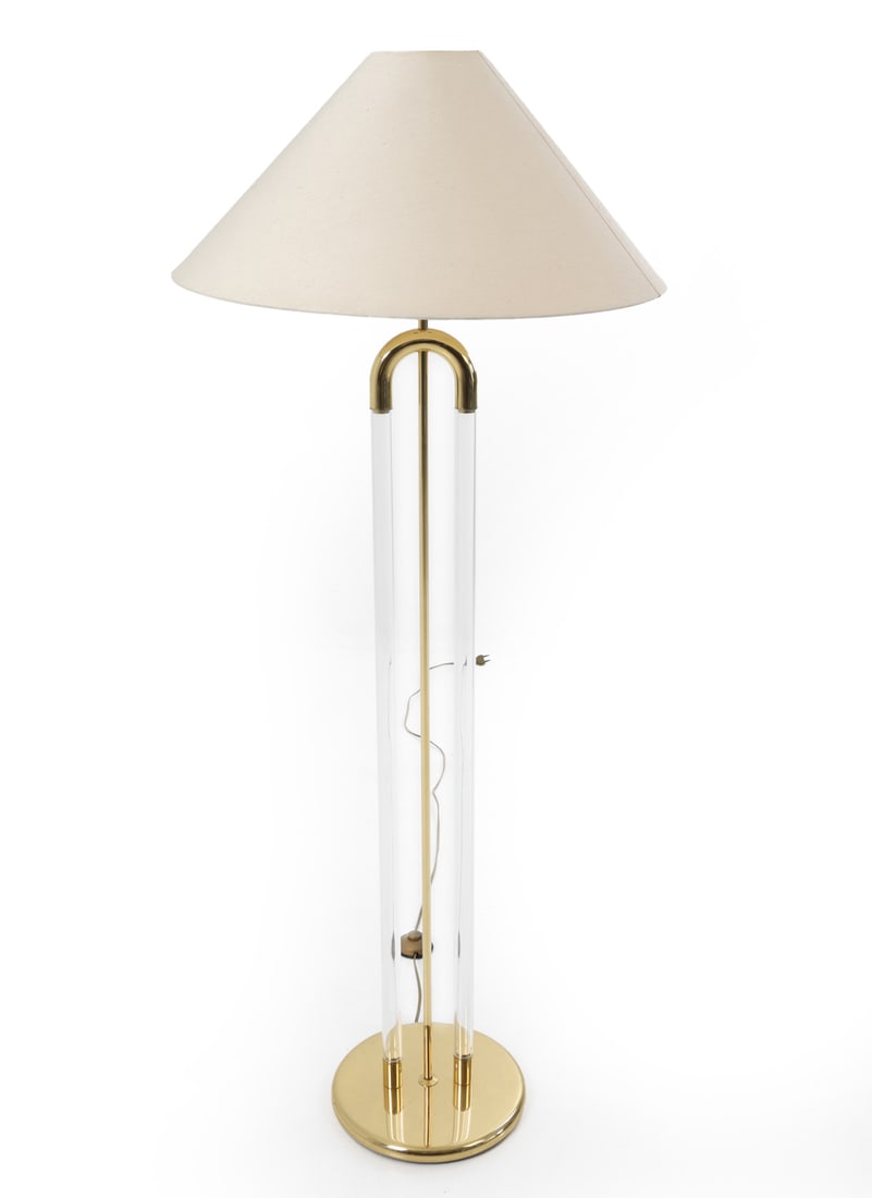GERMAN BRASS & LUCITE FLOOR LAMP: Floor lamp featuring a central brass rod surrounded by two clear lucite columns. Conical fabric shade included. Germany, circa 1980's. Dimensions: H 59" x Diameter 24" Condition: European plug. Untest