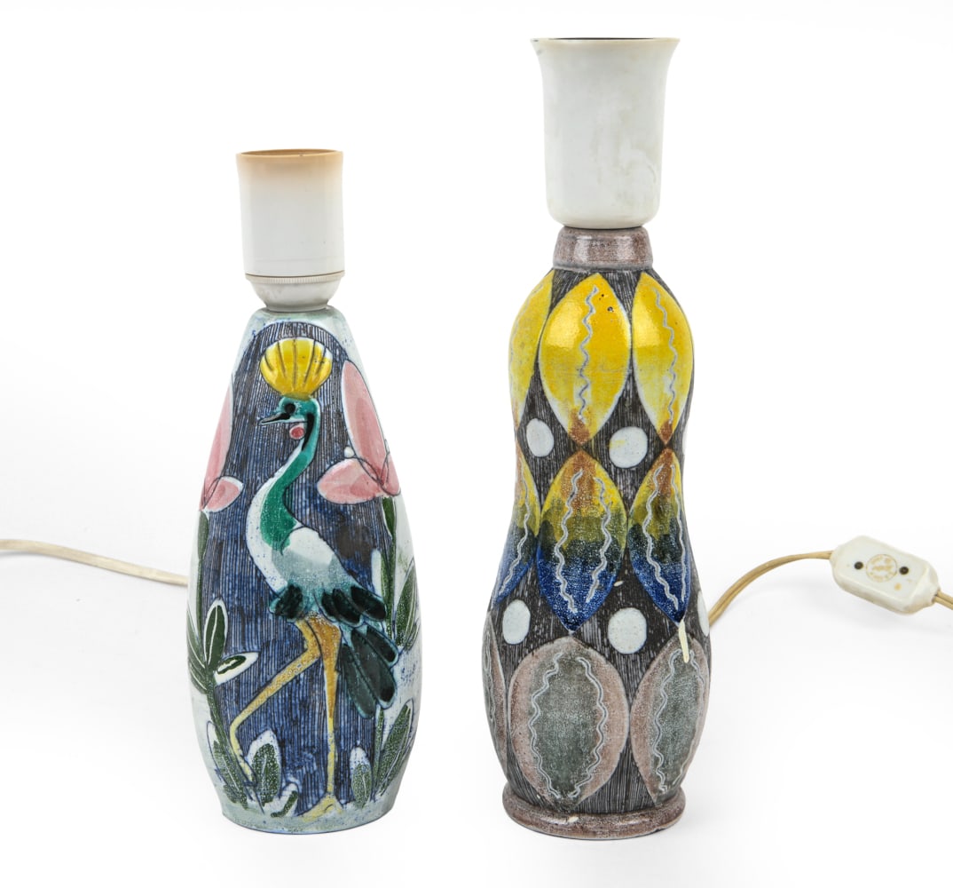 TILGMANS KERAMIK SWEDISH TABLE LAMPS C. 1960S: Featuring distinct colorful glaze including bird motif and geometric patterns. Signed underneath. Sweden, circa 1960's. Dimensions: (Largest) H 11.5" x Dia. 3.25 " Condition: Wear consistent with age