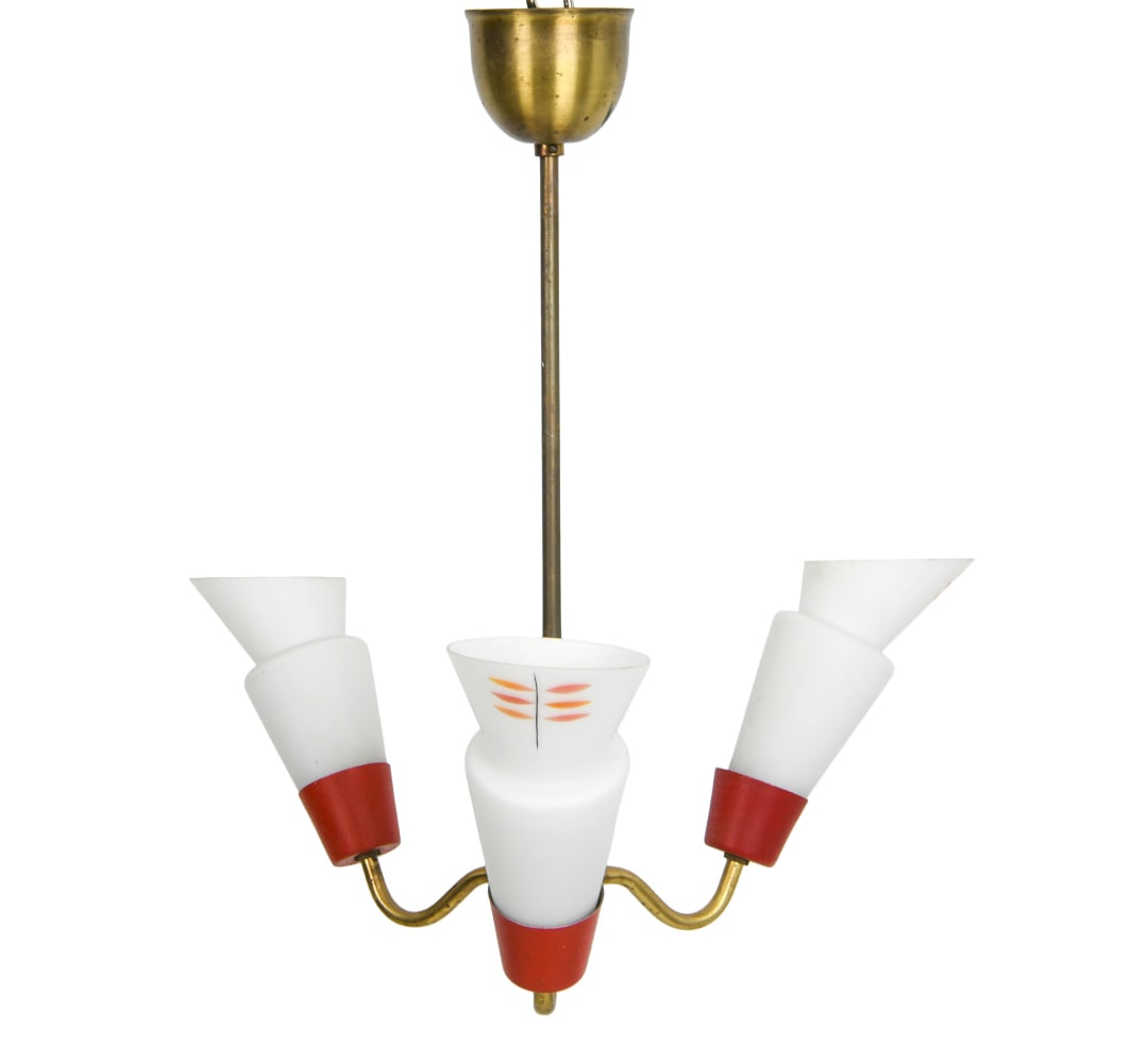 SCANDINAVIAN GLASS AND BRASS CHANDELIER: With opaline glass shades. Subtle decoration to each shade. Brass arms. circa 1960s. Dimensions: H 18.5" x Dia. 14.5". Condition: Wiring untested. Patina to brass. Faint scuffs to class shades and to