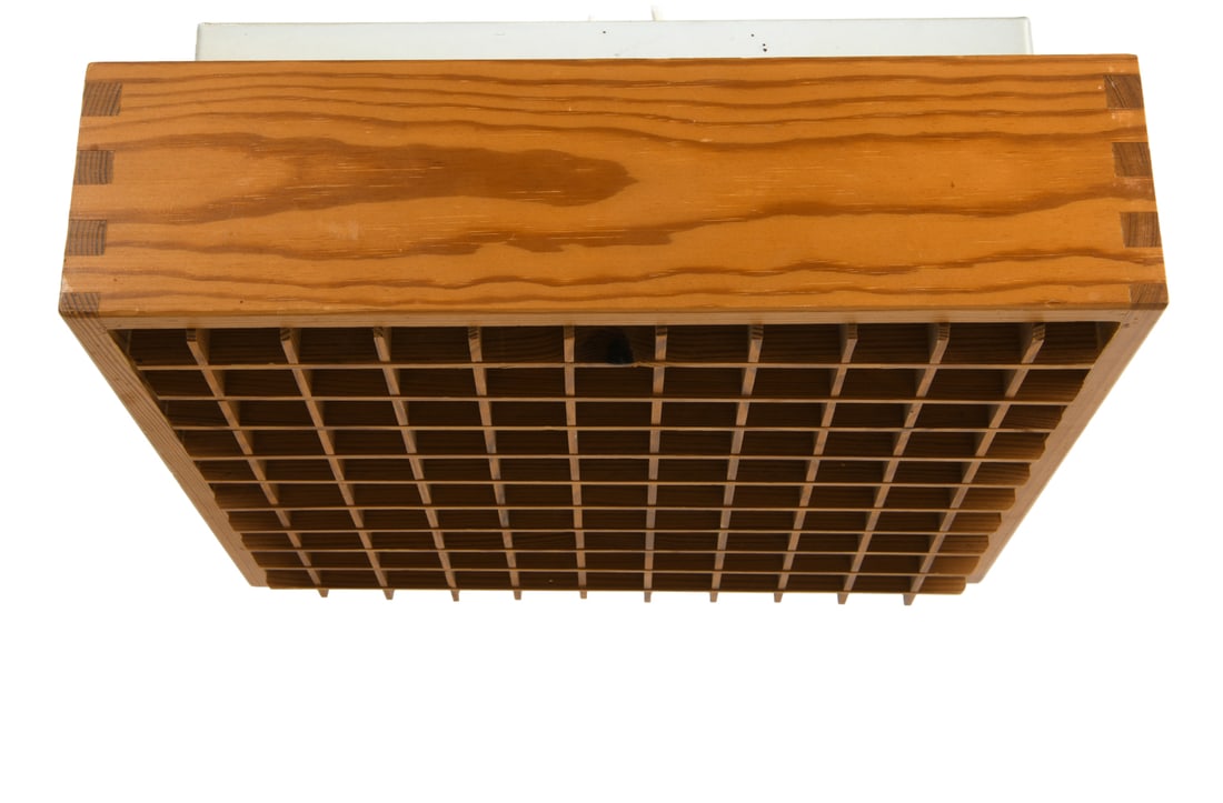 ALDA SWEDISH PINE CEILING LAMP C.1960S: Metal fixture and sculptural pine shade. Labeled to socket. Sweden, circa 1960s. Dimensions: H 5" x D 13" Condition: Wear consistent with age and use. Untested, Couple of minor nicks. Some discolorati