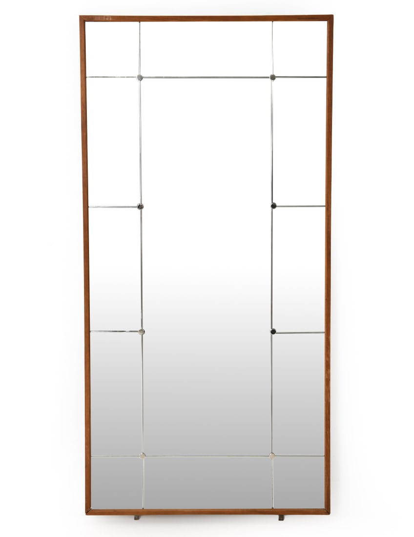 MID-CENTURY SWEDISH TEAK PANEL MIRROR C. 1960S: Teak framed mirror with paneled glass sections. Apparently unmarked. Dimensions: H 52.75" x W 26.25" Condition: Some separation of frame at corners. Surface marks so frame and glass, rubs to edges of