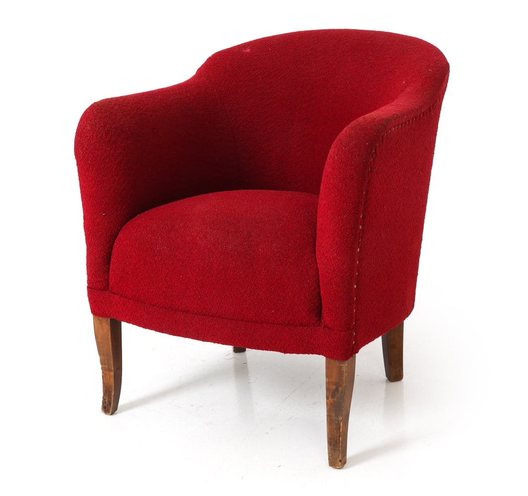 DANISH MOHAIR CLUB CHAIR C. 1940S: With red mohair upholstery, studded detail, stained beech legs. Denmark, circa 1940s. Dimensions: H 30" x W 24.5" x D 29" x Sh 17.5" Condition: Wear consistent with age and use. Couple of indents. Tea
