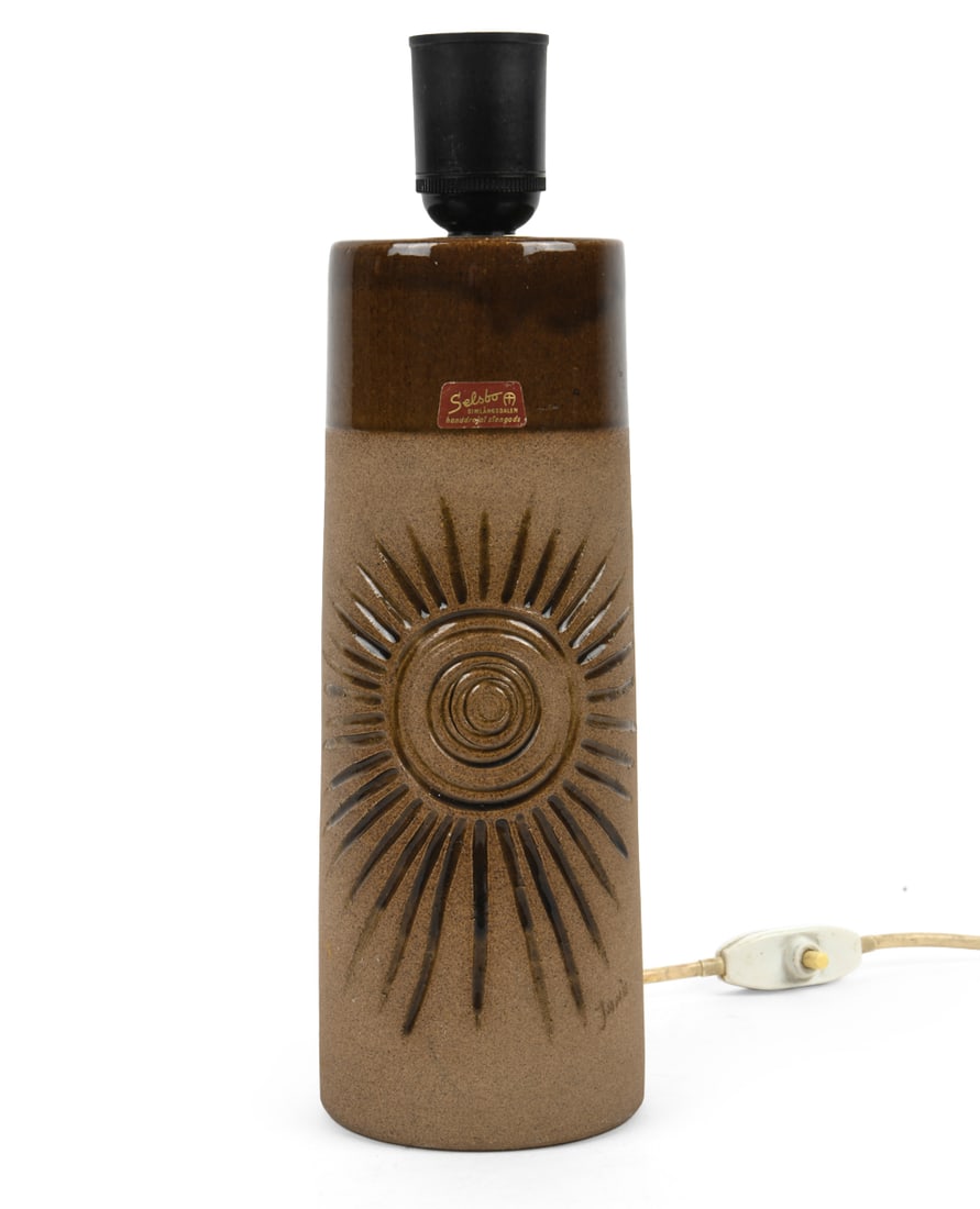 SELSBO JANE SWEDISH STONEWARE TABLE LAMP C. 1970S: Engraved "Jane" to side, maker sticker on surface. Sweden, circa 1970's. Dimension: H 12.25" x Dia. 3.75" Condition: Not tested, European Plug, Wear consistent with age and use.