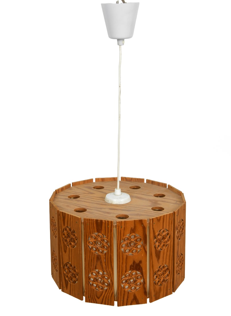 SWEDISH PINE PENDANT LIGHT C. 1960S: With sculpted vertical slats shade. Sweden, circa 1960's. Dimensions: H 8" x Dia 14" (Wire) 30" Condition: Wear consistent with age and use. Untested, European plug. Some scuffs.