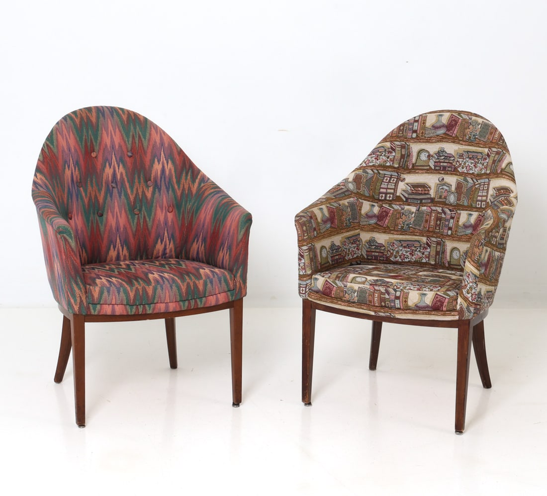 (2) SWEDISH LOUNGE CHAIRS C. 1960S: Rounded tub shape with tapered stained beech legs. Bookshelf and geometric zigzag pattern upholstery. Sweden, circa 1960s. Dimensions: H 35.25" x W 24.5" x D 24" x Sh 17" Condition: Light surface wear