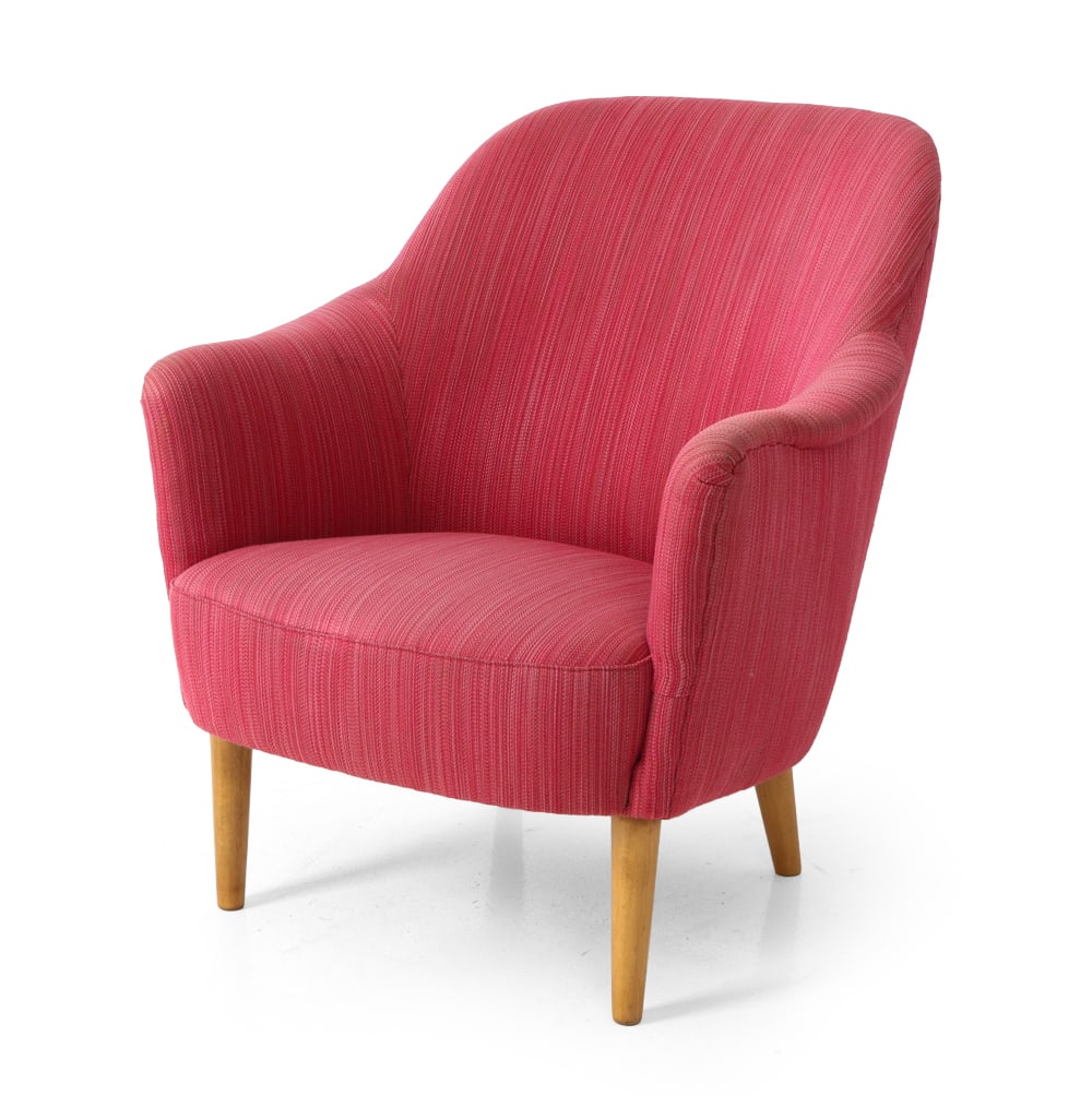 CARL MALMSTEN "SAMSPEL" SWEDISH LOUNGE CHAIR 1950S: Model "Samspel" or "Interaction" lounge chair by Carl Malmsten for AB Record Bollnas. Outward curving armrests. Beech legs and coral red upholstery. Apparently unmarked. Sweden, circa 1950s. Dimension