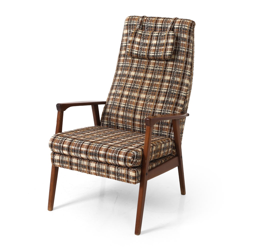 STYLE OF EKSTROM SWEDISH LOUNGE CHAIR 1960S: High back easy chair in teak frame with brown plaid patterned upholstery. Sweden, circa 1960s. Dimensions: H 41.5" x W 25" x D 31" x Sh 17.5" Condition: Minor rubs and scuffs to armrest and legs,