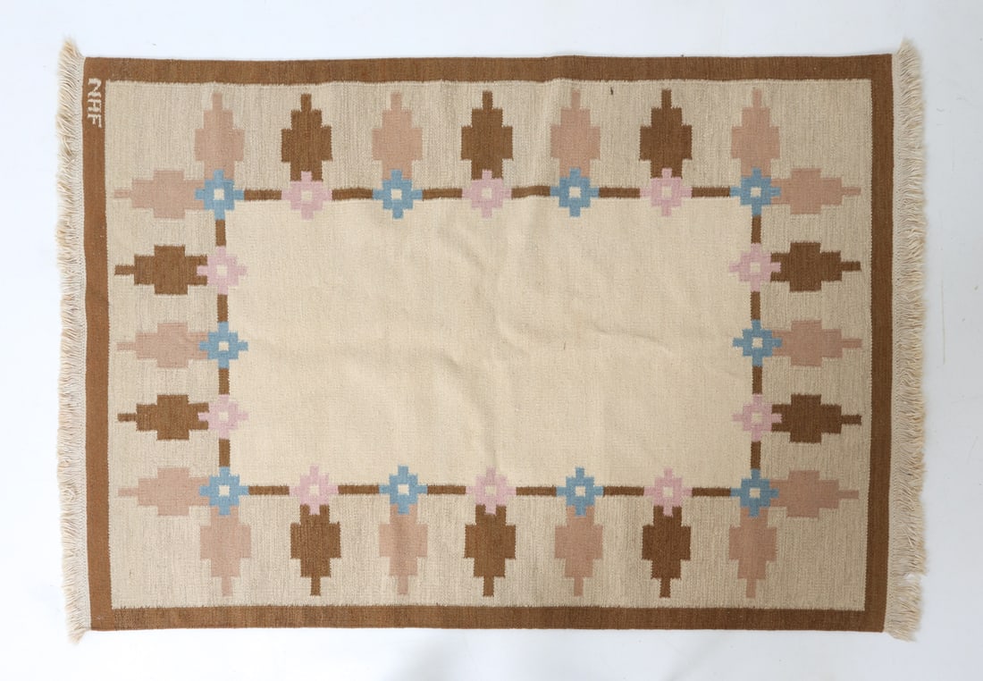 SWEDISH FLATWEAVE ROLLAKAN RUG: Swedish rug featuring pastel colors and geometric patterns. Signed NRF on one corner. Dimensions: H 80.5" x W 54" Condition: Wear consistent with age and use.
