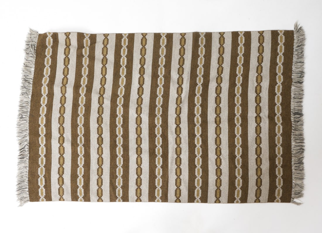 SWEDISH FLATWEAVE STRIPED RUG: Flatweave rug featuring a cream and brown striped pattern. Dimensions: H 84" x W 52.5" Condition: Wear consistent with age and use.