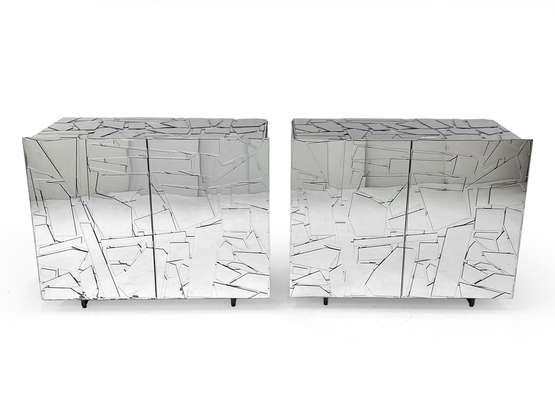 PAIR OF EDRA SCRIGNO MIRRORED CABINETS: Designed by Fernando and Humberto Campana for Edra. Mosaic mirror shards covered exteriors. Painted interior cabinets. Contemporary. Dimensions: H 34" x W 44.5" x D 22". Condition: Thin surface