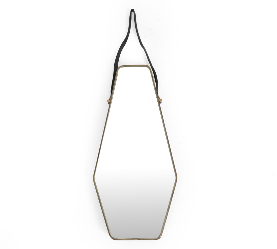 ARTERIORS RIPLEY BRASS WALL MIRROR: Arteriors Ripley Heagon mirror, SKU 3153 model, featuring brass-finished iron frame with a hanging leather strap. Dimensions: H 32" (without strap) x W 15" x D 2.5" Condition: Rubs, patina to frame.