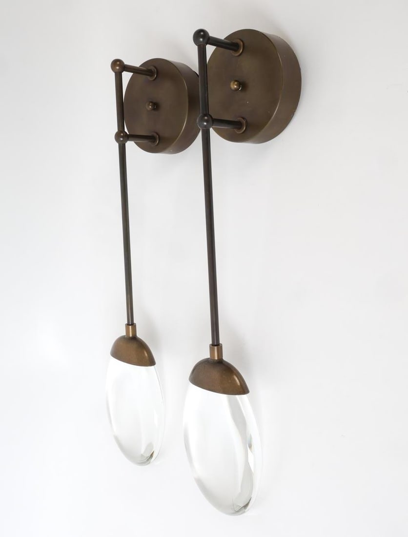 PAIR OF OCHRE CELESTIAL BRASS & GLASS WALL SCONCES (1 of 14)