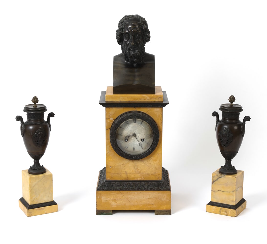 19TH C. EMPIRE BRONZE & SIENNA MARBLE CLOCK SET (1 of 20)