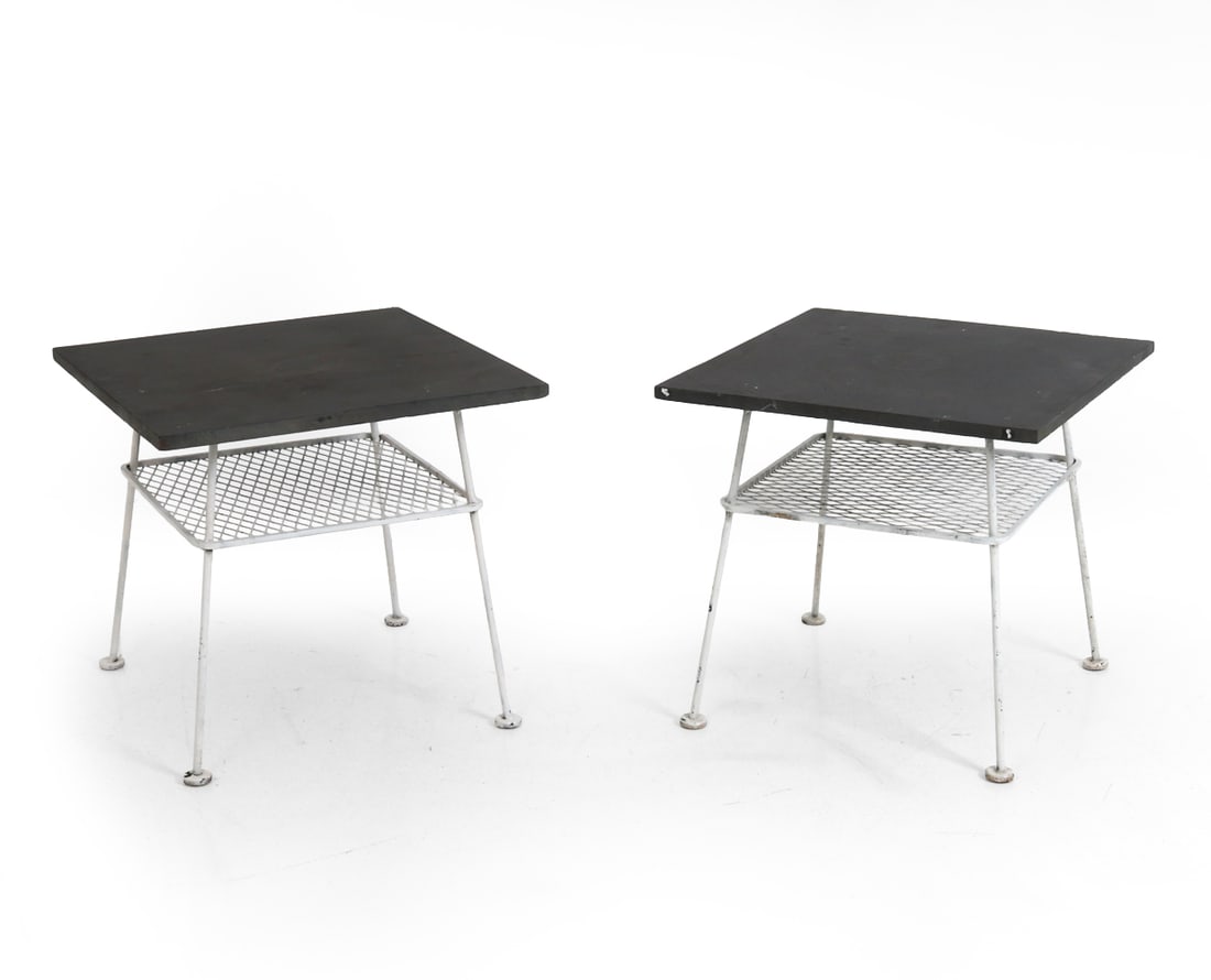 PAIR WOODARD SCULPTURA OCCASIONAL SIDE TABLES: 2 occasional tables with slate tops designed by Russell Woodard in 1950's. Dimensions: H 22" x W 24" Condition: Wear consistent with age and use. Scuffs, marks, some soiling to top. Scratches, nicks t