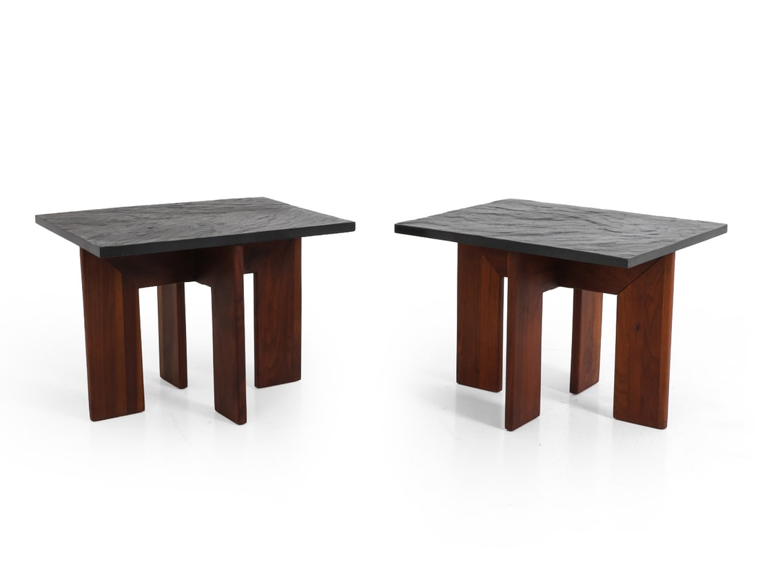 PAIR OF ADRIAN PEARSALL SLATE TOP SIDE TABLES: Pair of side tables featuring solid walnut bases and slate tops. Manufactured by Craft Associates, circa 1970s. Dimensions: H 19.75" x W 27" x D 22" Condition: Wear consistent with age and use. Minor