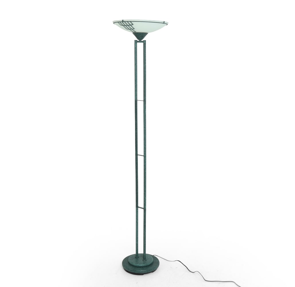 POSTMODERN TORCHERIE LOOR LAMP: Art Deco influenced postmodern floor lamp. Frosted glass with metal frame and base. Includes dimmer. Dimensions: H 71" x Dia 12" Condition: Wear consistent with age and use. Untested. Minor scuffs to