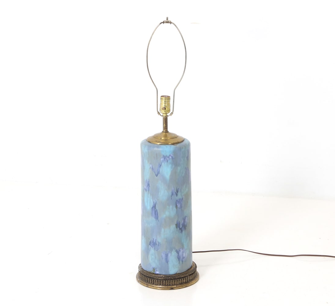 MID-CENTURY BLUE TONE CERAMIC LAMP: Mid-20th century. Dimensions: H 34" x Dia 8.25" Condition: Not Tested, Wear consistent with age and use.