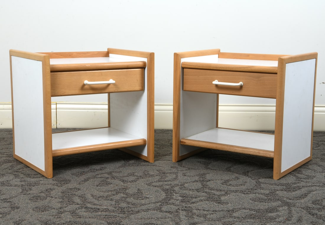 PAIR OF SCANDINAVIAN BEECH NIGHT STANDS: (2) Beech nightstands with white laminate to top, sides, and shelf. Steel drawer pulls. Scandinavian, late 20th century. Dimensions: H 17" x W 17.75" x D 14.25". Condition: Scuffs to sides and edges.