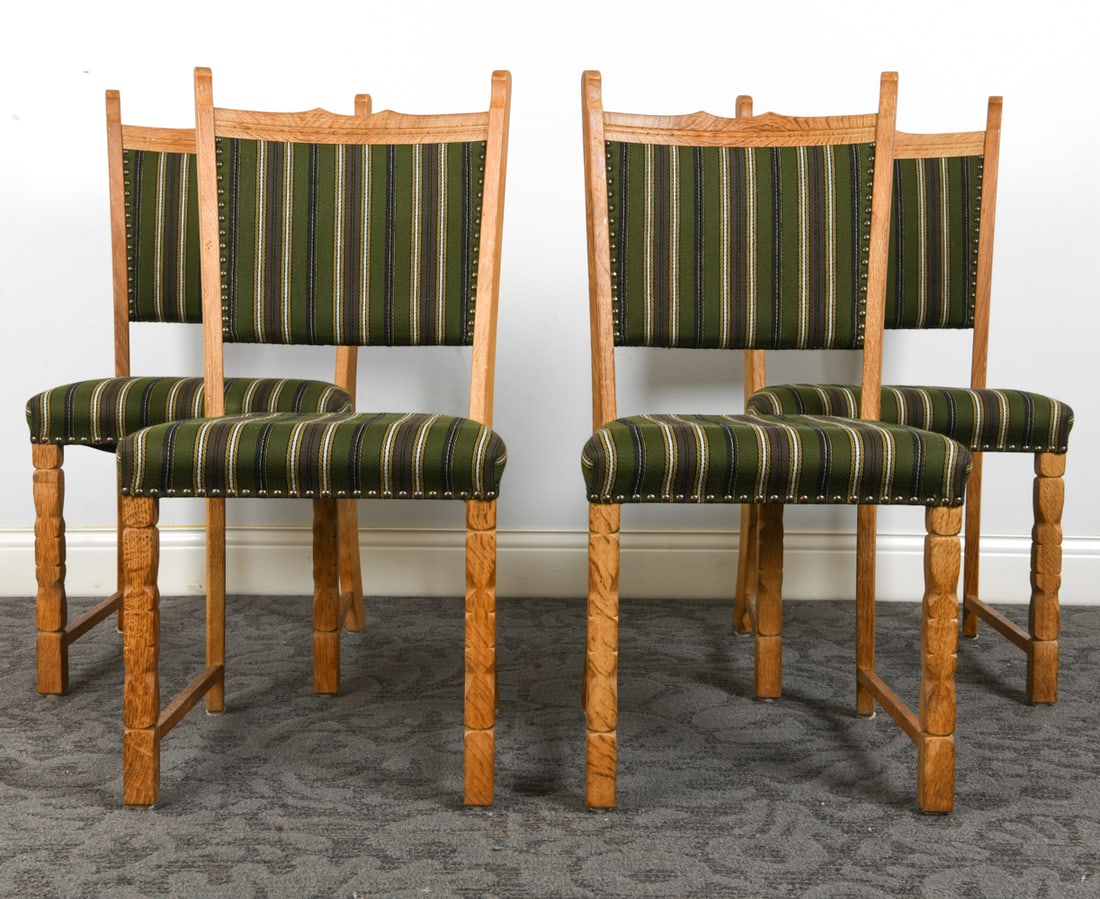 (4) HENNING KJAERNULF DANISH OAK DINING CHAIRS: Oak frames with wool upholstery. Denmark, circa 1960s. Dimensions: H 36.5" x W 17" x D 17" x SH 18". Condition: Scuffs and rubs to wood. Wear consistent with age and use.