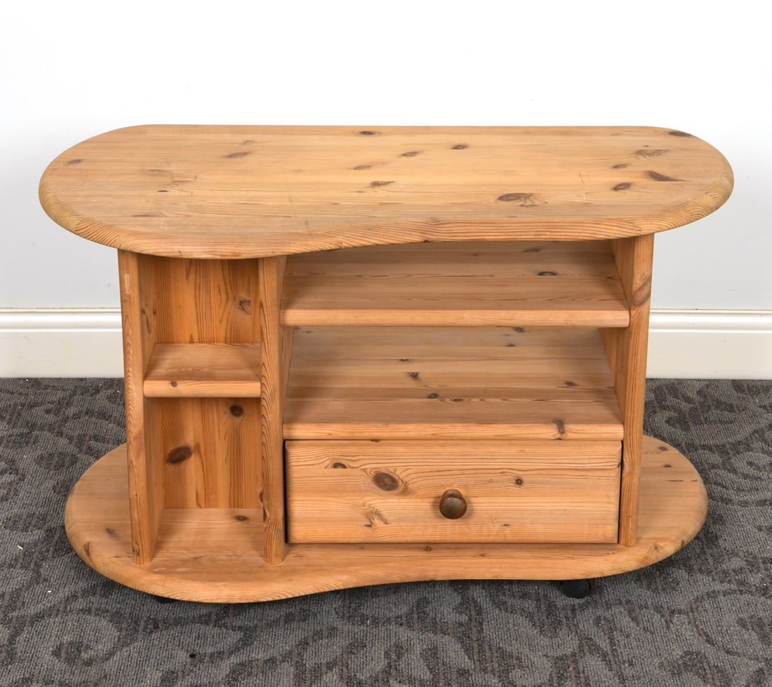 SWEDISH PINE ROLLING BOOKSHELF TABLE C. 1970S (1 of 11)