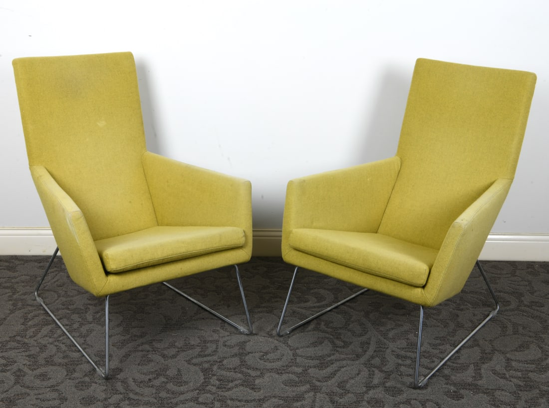 GERARD VAN DEN BERG LOUNGE CHAIRS: For Label, tagged on backs. Green wool upholstery with chrome steel legs. Netherlands. Dimensions: H 27.5" x W 26" x D 29" x SH 14". Condition: Few faded spots to fabric on arms, seat back. Wear consi