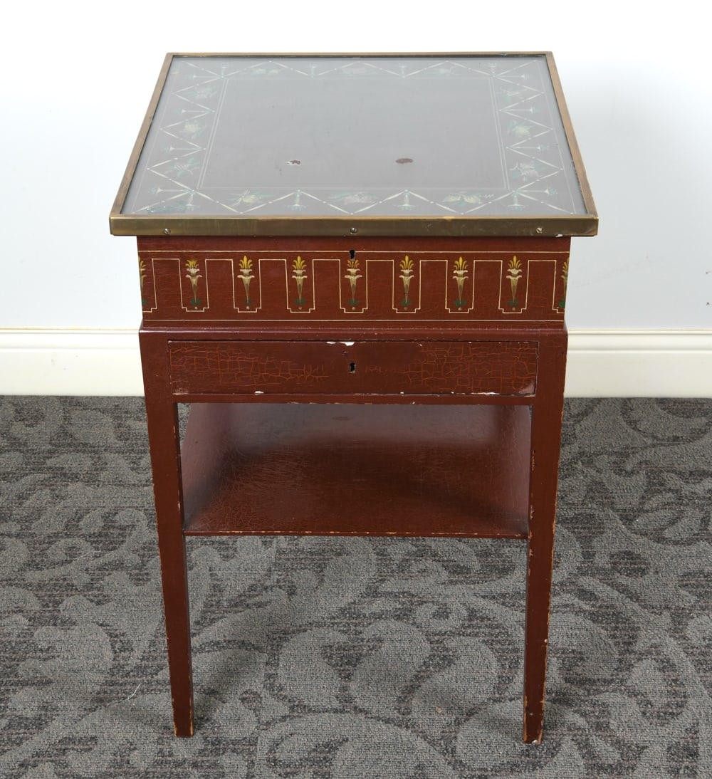 SWEDISH PAINT DECORATED SIDE TABLE: Key included. Painted stand with glass panel to top. Storage inside under lid. Sweden. Dimensions: H 28.5" x W 20" x D 20". Condition: Craqueler to paint. Scuffs and dings to legs. Chips to paint. lar