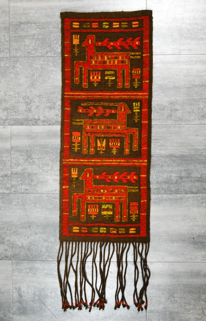 WARSZTATY WZORCOWE POLISH WOOL TAPESTRY: Wool tapestry with animal motifs. Tagged to end. Poland, circa 1970s. Dimensions: L 52" x W 15.5". Condition: Wear consistent with age and use.