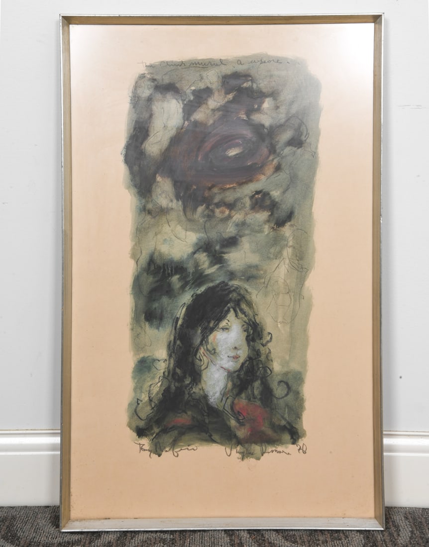 ABSTRACT PRINT 1976: Abstract print with portrait of a girl. Dimensions: Frame H 34.5" x W 21.25". Sight H 33" x W 20". Condition: Not examined out of frame. Some cloudiness to plexiglass. Scuffs to frame.