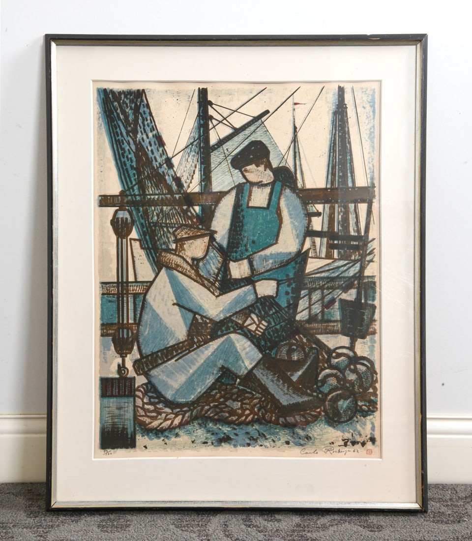 CARLO ROSBERG (20TH C.) FISHERMEN LITHOGRAPH PRINT (1 of 7)
