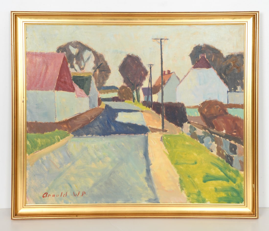 DANISH LANDSCAPE STREET SCENE O/C: Signed to lower left corner. Street scene with houses. Oil on canvas. Dimensions: Frame H 30" x W 34.75". Canvas H 26" x W 32". Condition: Rubs and flakes to frame finish. Wear consistent with age and