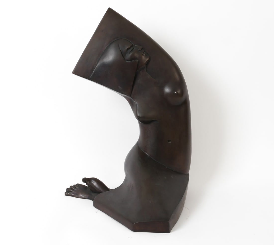 GERALD LAING (BRITISH, 1936-2011) BRONZE SCULPTURE: Titled Seated Figure, a limited edition 1/6. The figure with geometric shape in a kneeling position, with the body arching backward. Incised title, 1/6, Gerald Laing, and dated 1981 to side and stampe
