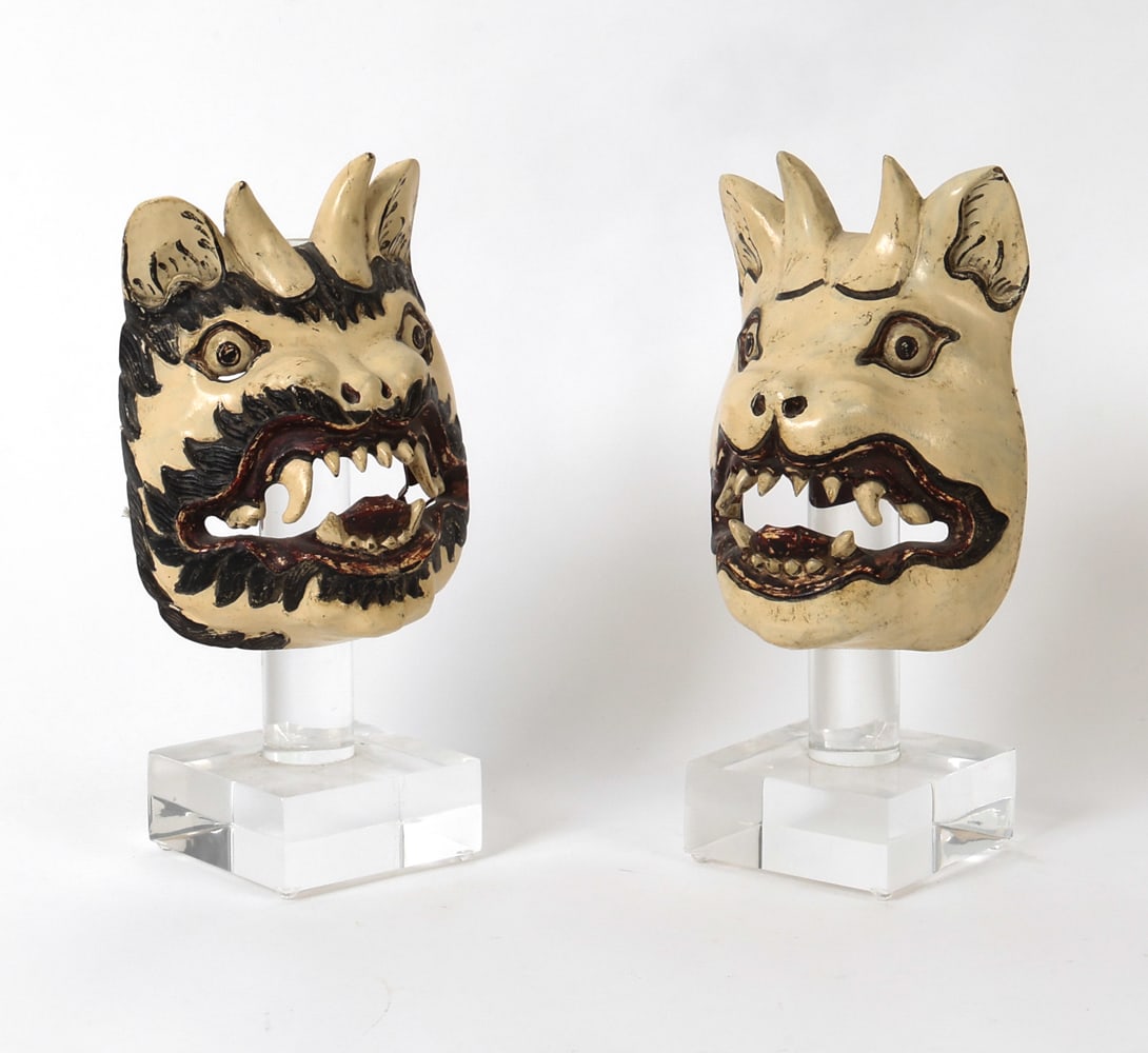 PAIR OF VINTAGE JAPANESE HANNYA MASKS: Used in Japanese Noh theater to represent supernatural beings consumed by intense emotions like jealousy or anger. Apparently unsigned. Sitting on lucite stands. Dimensions: H 11" x W 6" x D 4" Condit