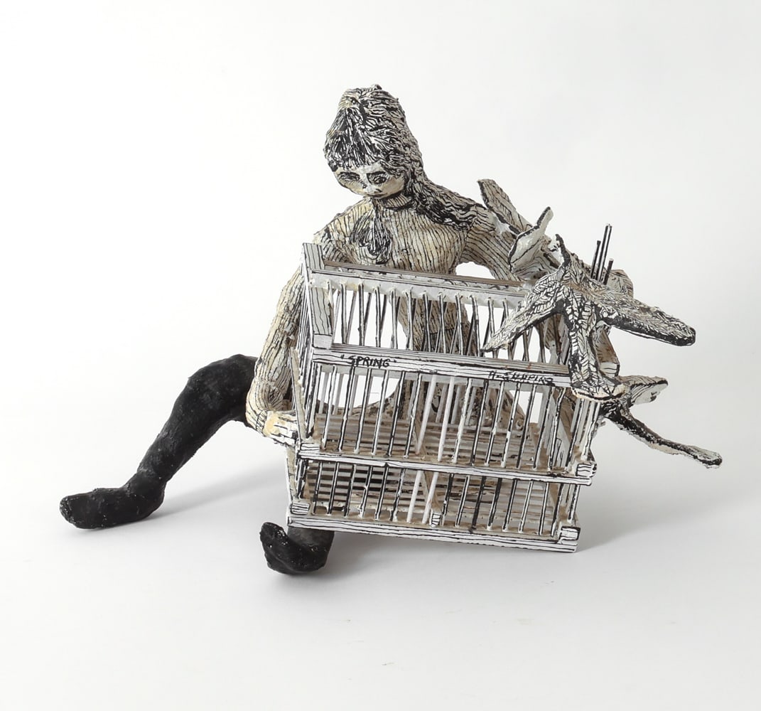 H. SHAPIRO "SPRING" PAPIER-MACHE SCULPTURE: Figurative sculpture featuring a stylized human figure holding a birdcage with birds on top. Signed and titled to cage. Dimensions: H 9" x W 13" x D 10" Condition: Wear consistent with age and use. Mi