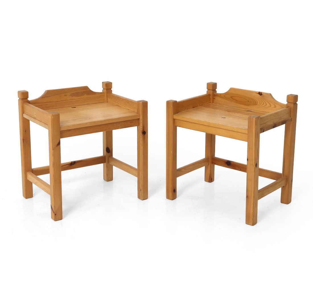 PAIR OF SWEDISH PINE NIGHTSTANDS C. 1970S: Pair of pine nightstands featuring turned pine posts at tops. Apparently unmarked. Dimensions: H 19" x W 20" x D 19.25" Condition: Wear consistent with age and use. Scuffs, rubs, nicks, tape residue t