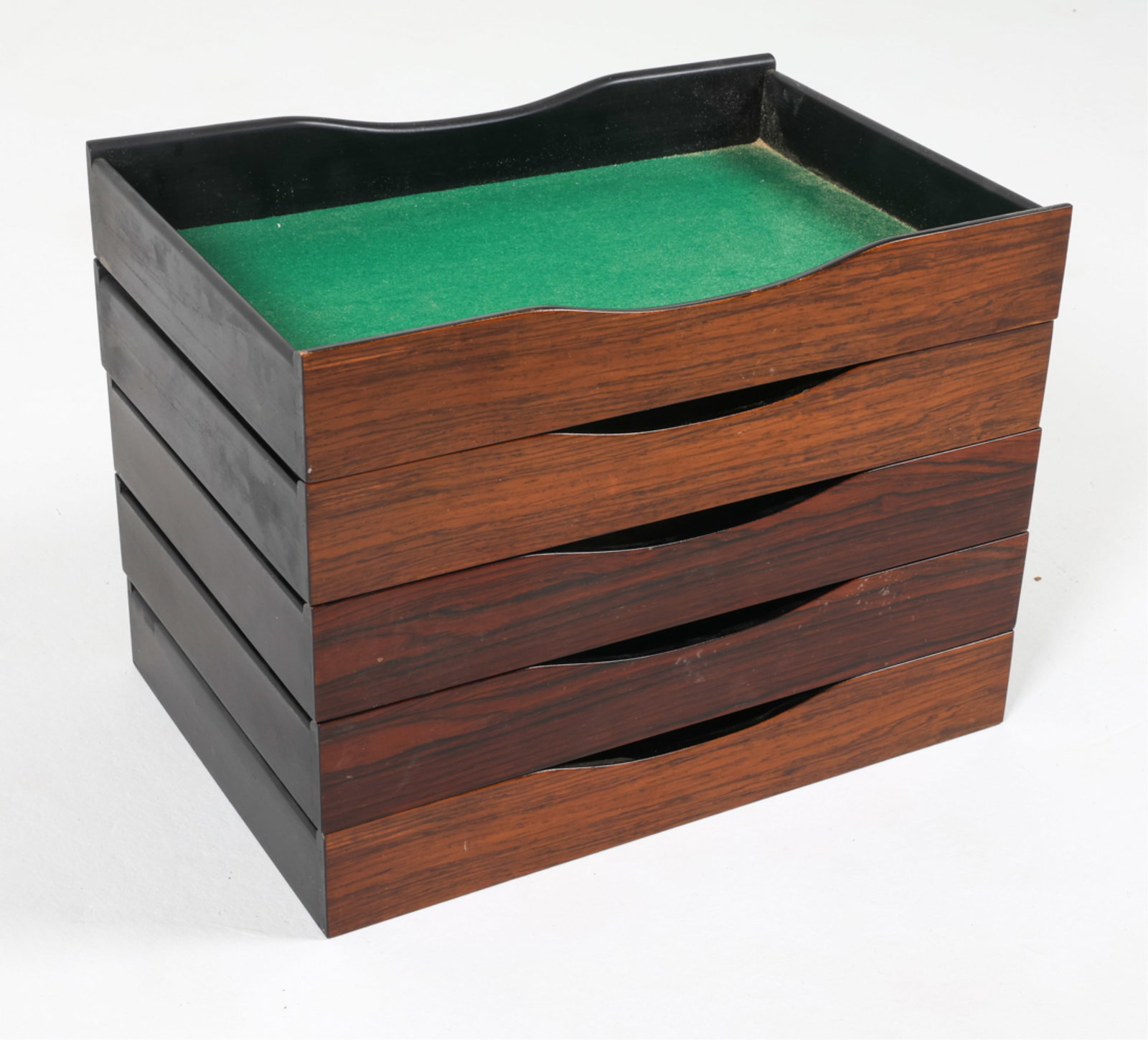 (5) DANISH ROSEWOOD DESK TRAY ORGANIZERS: Dimensions: H 2.5" x W 15.25" x D 10.25". Condition: Wear consistent with age and use. DMJ070