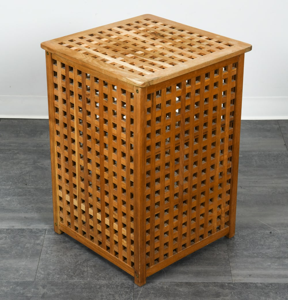 SCANDINAVIAN TEAK HAMPER BASKET C. 1970S: Teak hamper with latticework to top and sides. Scandinavian, circa 1970s. Dimensions: H 26.5" x W 18.5" x D 18.5". Condition: Wear consistent with age and use.