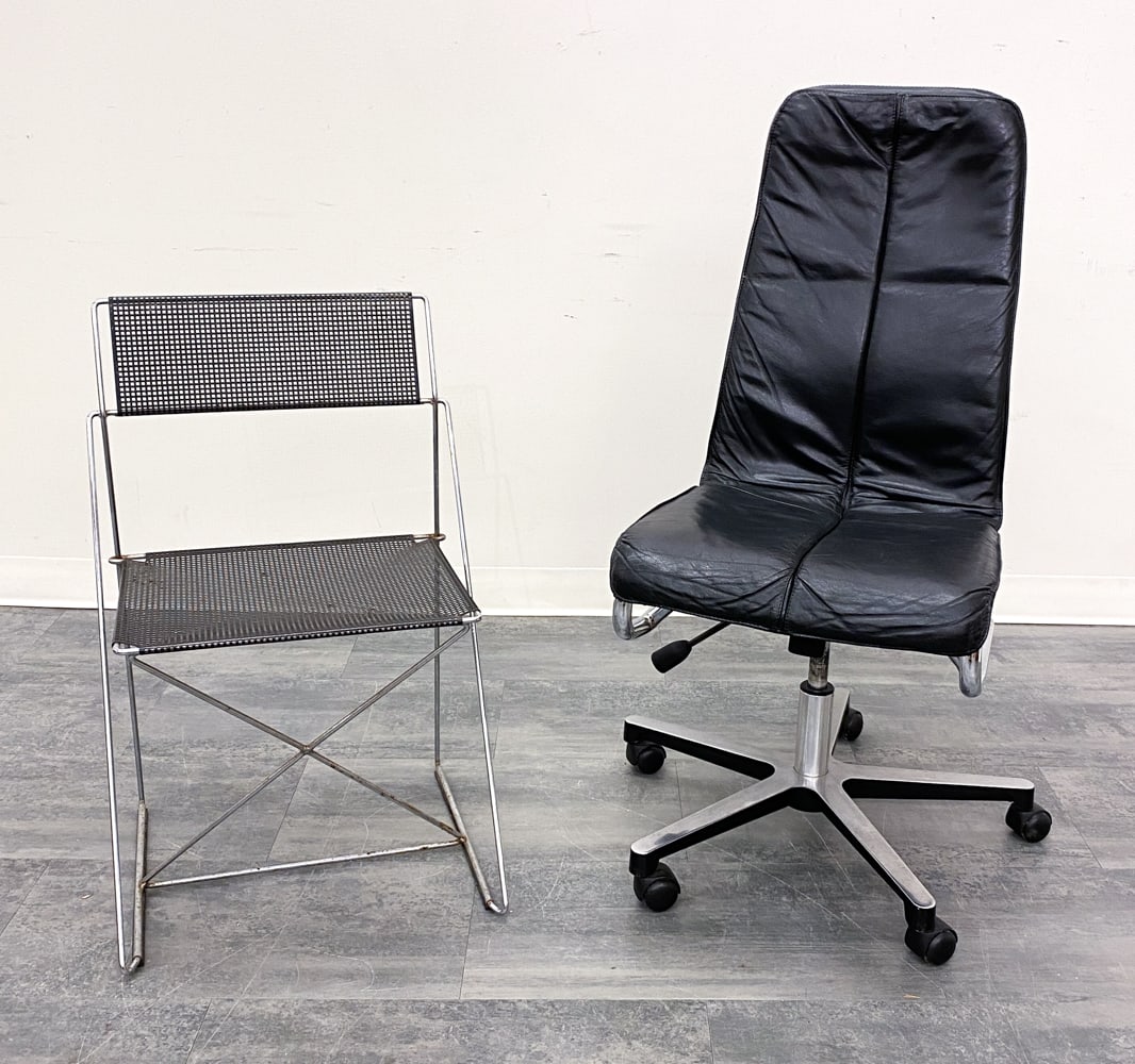VINTAGE CHAIRS INCL. NIELS JORGEN HAUGESEN: (2) Chairs, including the X-line chair designed by Niels Jorgen Haugesen for Magis, featuring chrome-plated steel frame and a perforated black metal seat and back. Apparently unmarked. Circa 1980s. To