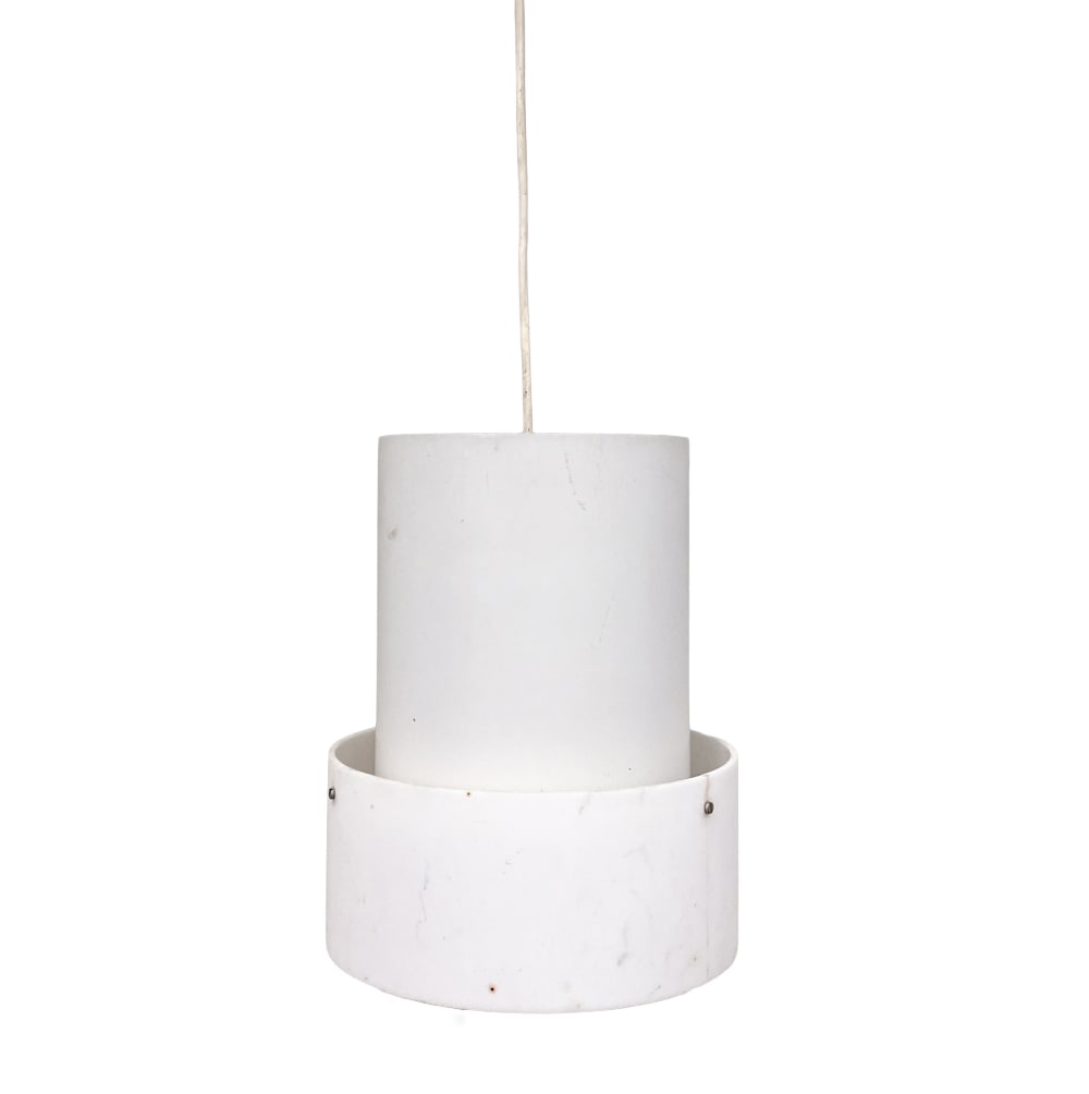 SCANDINAVIAN PENDANT LIGHT C. 1970S: Metal pendant light designed with concentric cylinders. Apparently unmarked. Scandinavian, circa 1970s. Dimensions: H 11.5" x Dia. 8.5". Condition: Wiring untested. Scratches and scuffs, few small spo